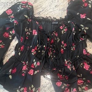 For Love And Lemons Black and Red Floral Lace-Up Blouse